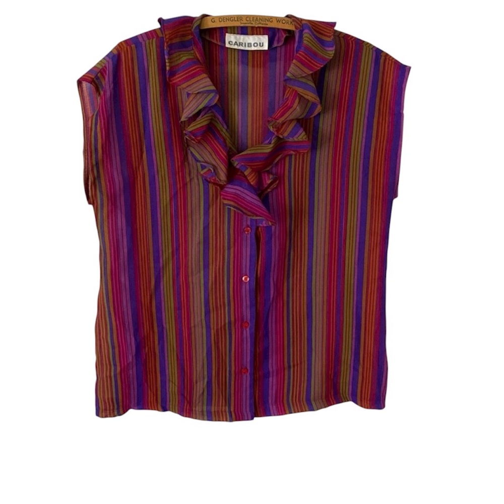 1980s Caribou Multicolor Barcode Striped Ruffled Blouse Sleeveless, Vintage